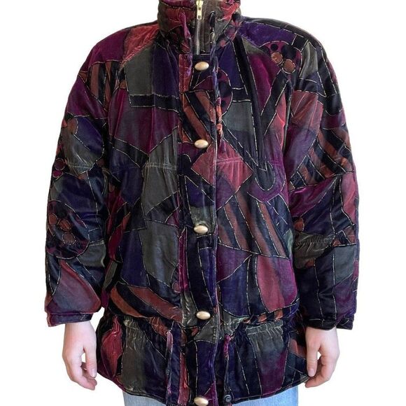 Vintage 80s Oversized Womens Velvet Jewel Toned Geometric Retro Ski Jacket Sz M - Picture 2 of 9